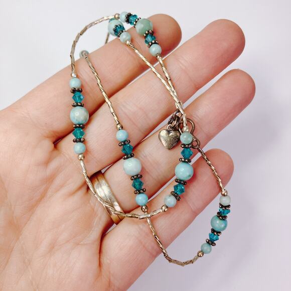 VTG 1960s Sterling Silver Amazonite Quartz Gemstone Beaded Crystal Necklace - Picture 4 of 14